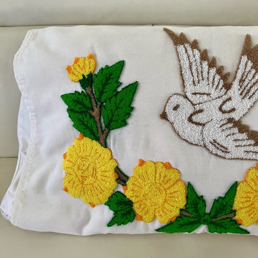 Embroidered Bird and Floral Pillow 17/25 inches - Picture 4 of 12